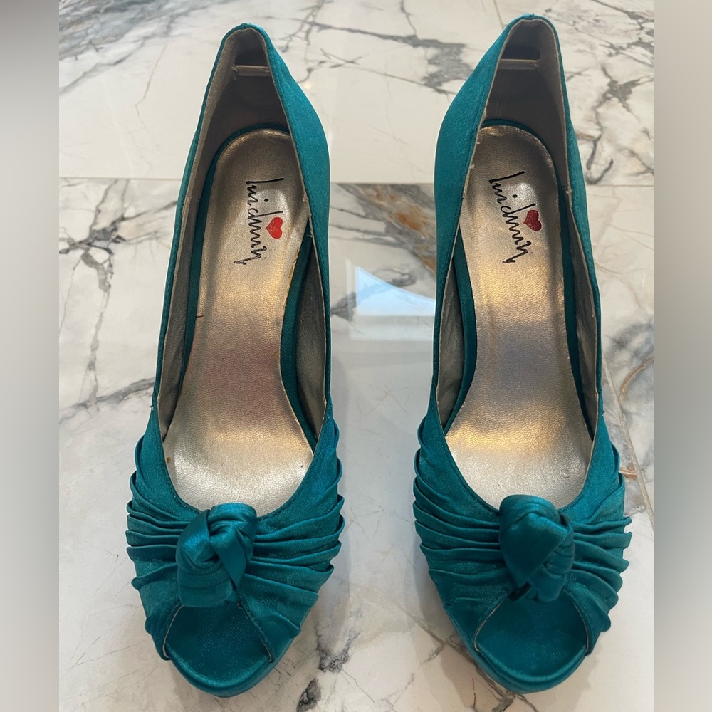 Elegant Teal Satin Peep Toe Heels with Ruffle